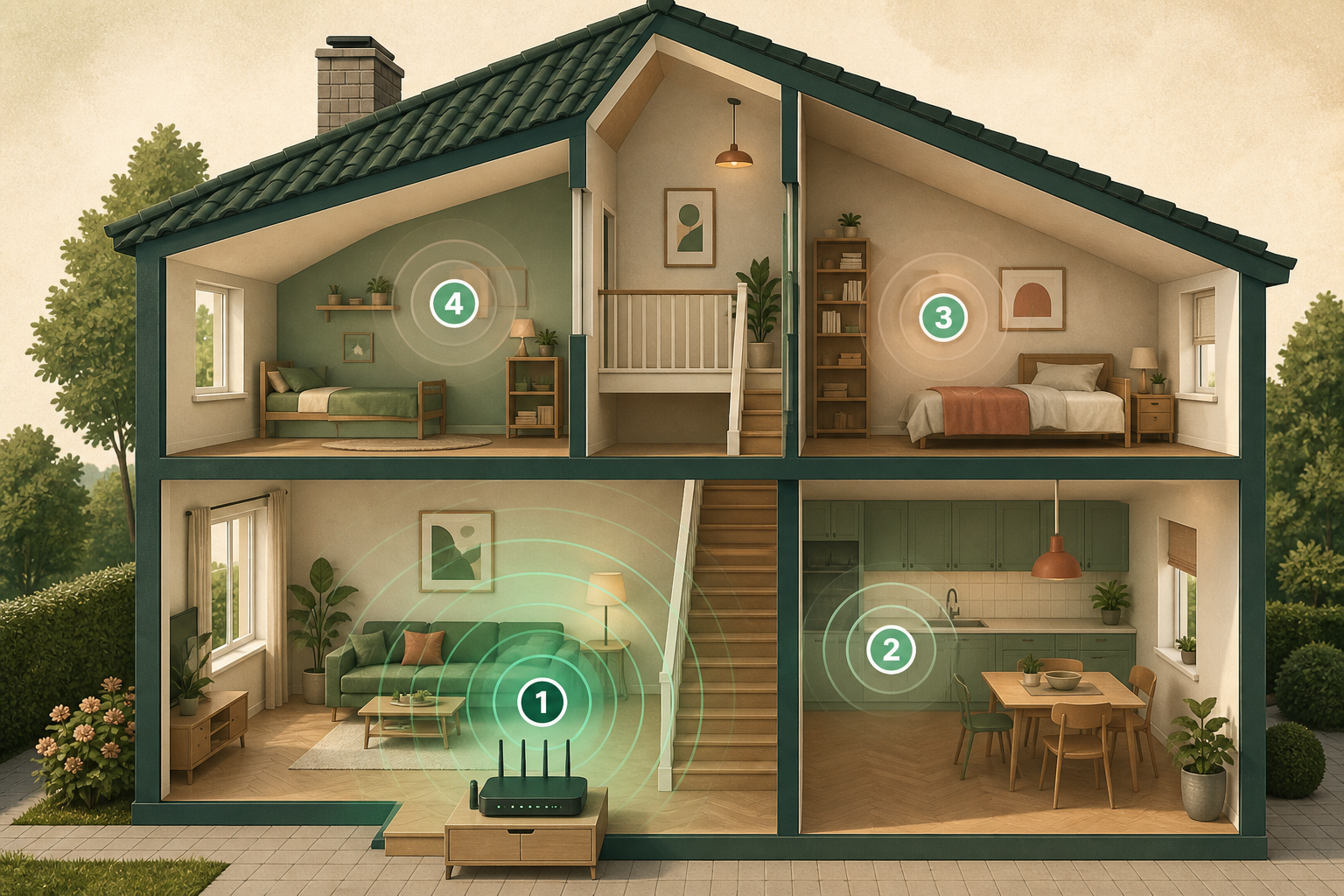 Doorsnede van een woning met vier meetpunten vanaf de router beneden tot de kamers boven.